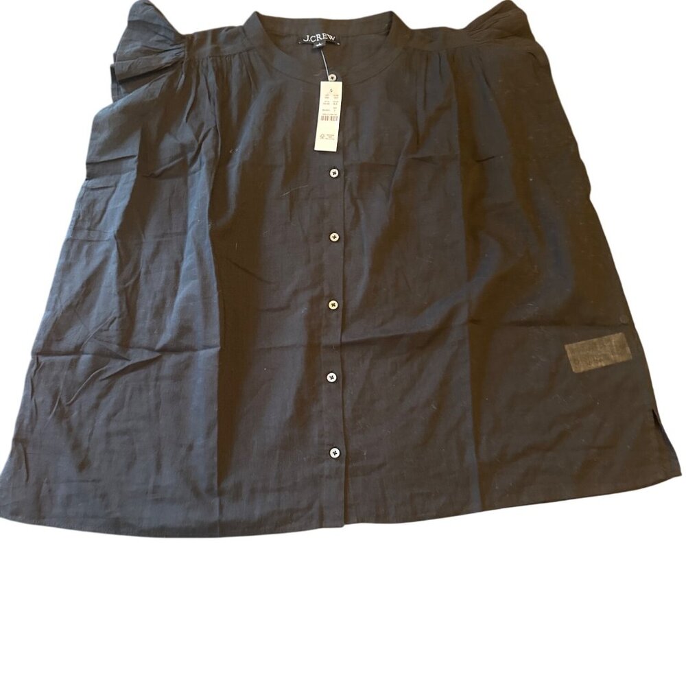 J.Crew Womens Black Ruffle Sleeve Button-Down Blouse L 100% Cotton Made In India